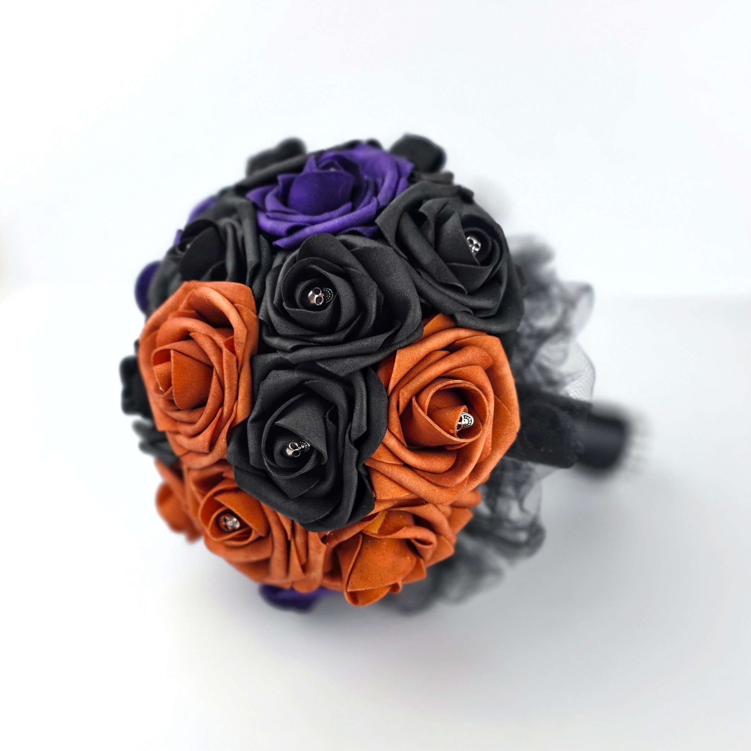 Burnt Orange, Black, and Purple Gothic Skull Wedding Bouquet