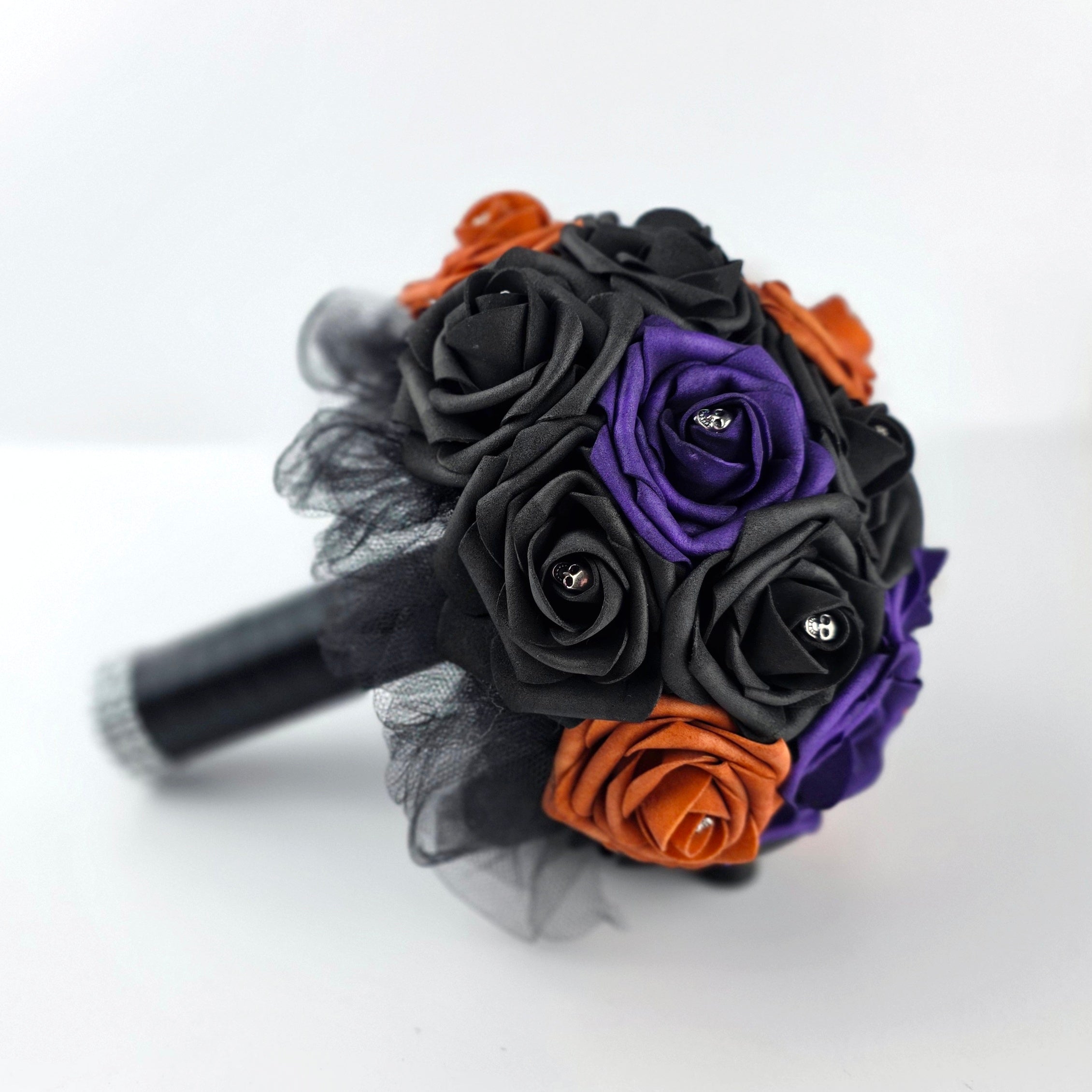 Burnt Orange, Black, and Purple Gothic Skull Wedding Bouquet