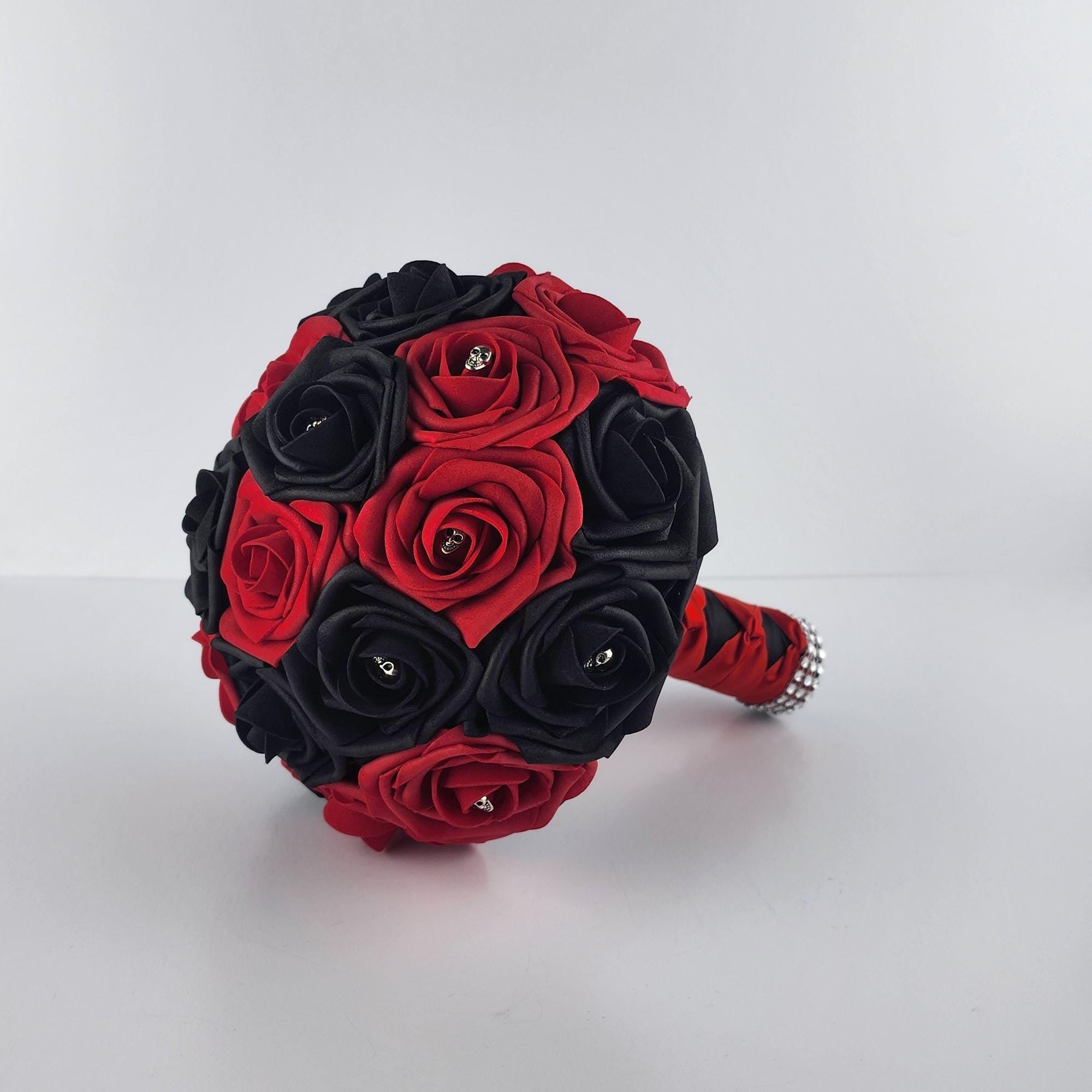 Gothic Skull Red and Black Weddng Bouquet, Bridal Bouquet, Bridesmaid Bouquet, Matching Corsages and Boutonnieres, Halloween Wedding