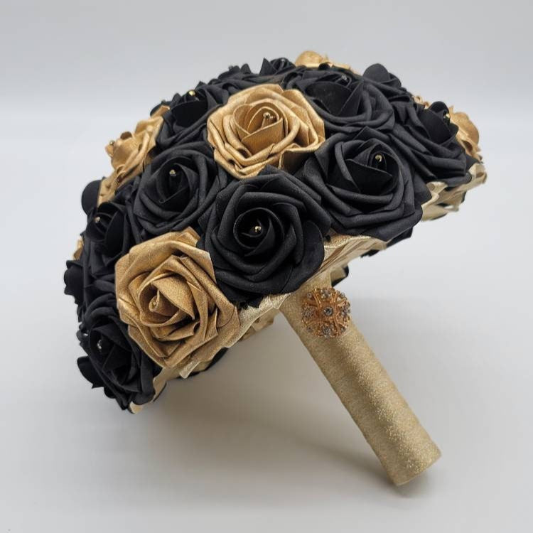 Black and Gold Wedding Bouquet Made With Real Touch Roses, Bridal Bouquet, Bridesmaid Bouquet and Matching Boutonnieres and Corsages
