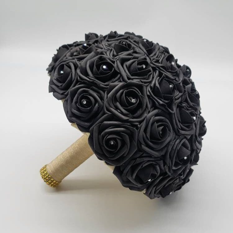 Black and Gold Wedding Bouquet Made with Real Touch Roses