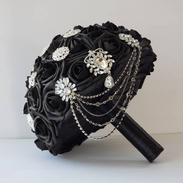Cascading Black Brooch Bridal Bouquet With Chain, Available Matching Boutonnieres and Corsages, Available In 27 Colors, Gothic Bouquet