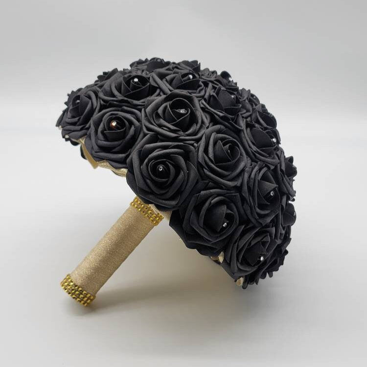 Black and Gold Wedding Bouquet Made with Real Touch Roses
