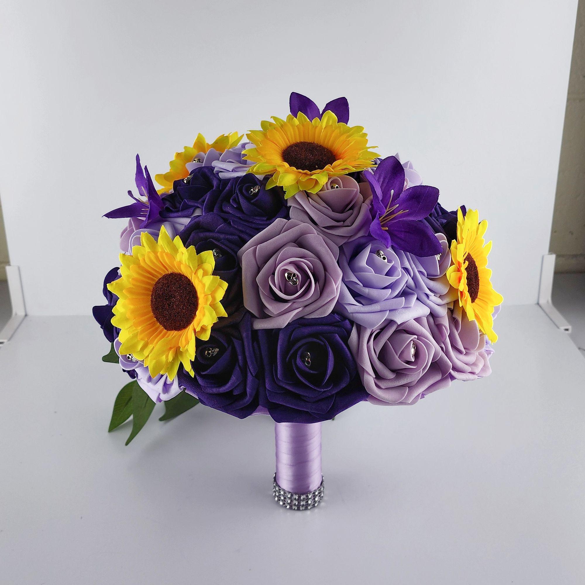 Gothic Skull Cascading Wedding Bouquet With Lilac, Lavender, and Dark Purple Roses, Lilies and Sunflowers.