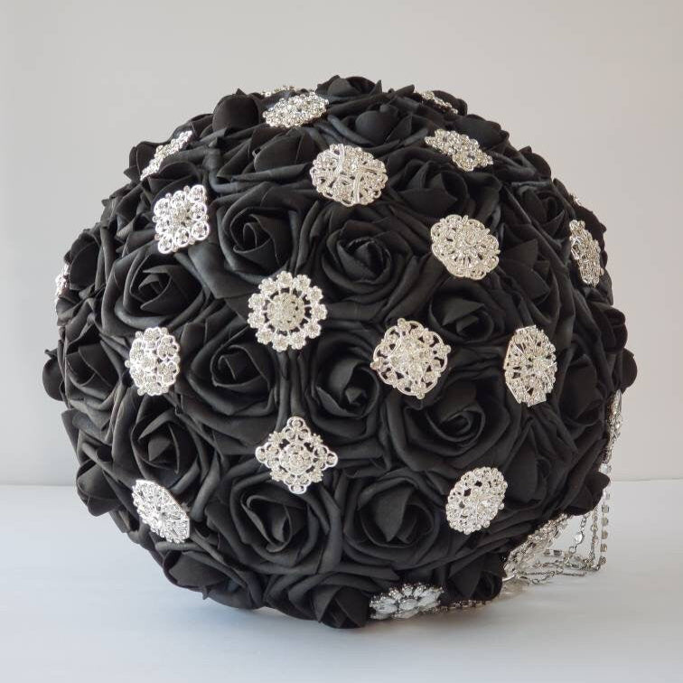 Cascading Black Brooch Bridal Bouquet With Chain, Available Matching Boutonnieres and Corsages, Available In 27 Colors, Gothic Bouquet