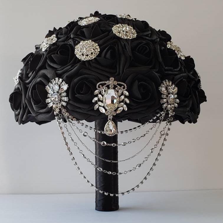 Cascading Black Brooch Bridal Bouquet With Chain, Available Matching Boutonnieres and Corsages, Available In 27 Colors, Gothic Bouquet