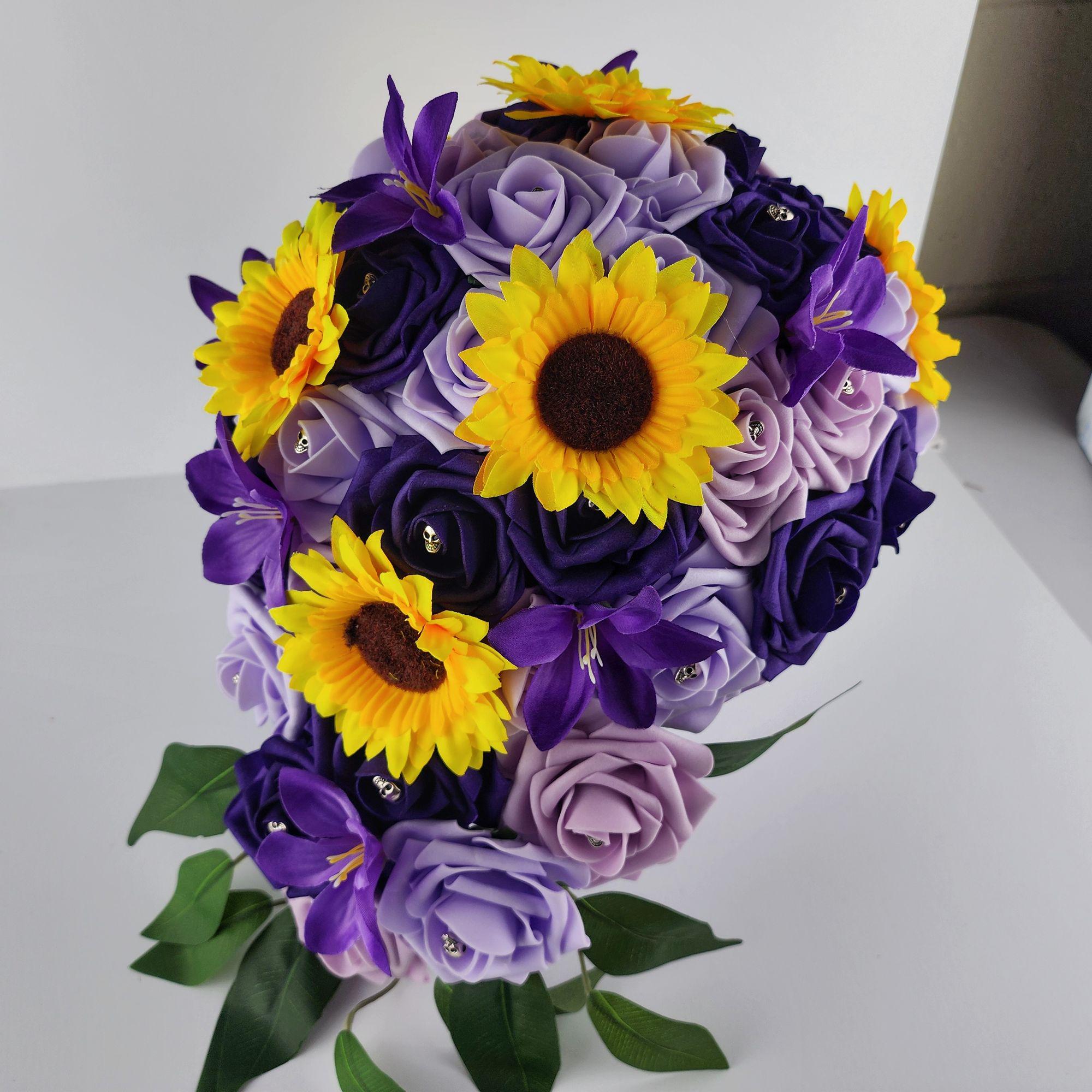Gothic Skull Cascading Wedding Bouquet With Lilac, Lavender, and Dark Purple Roses, Lilies and Sunflowers.