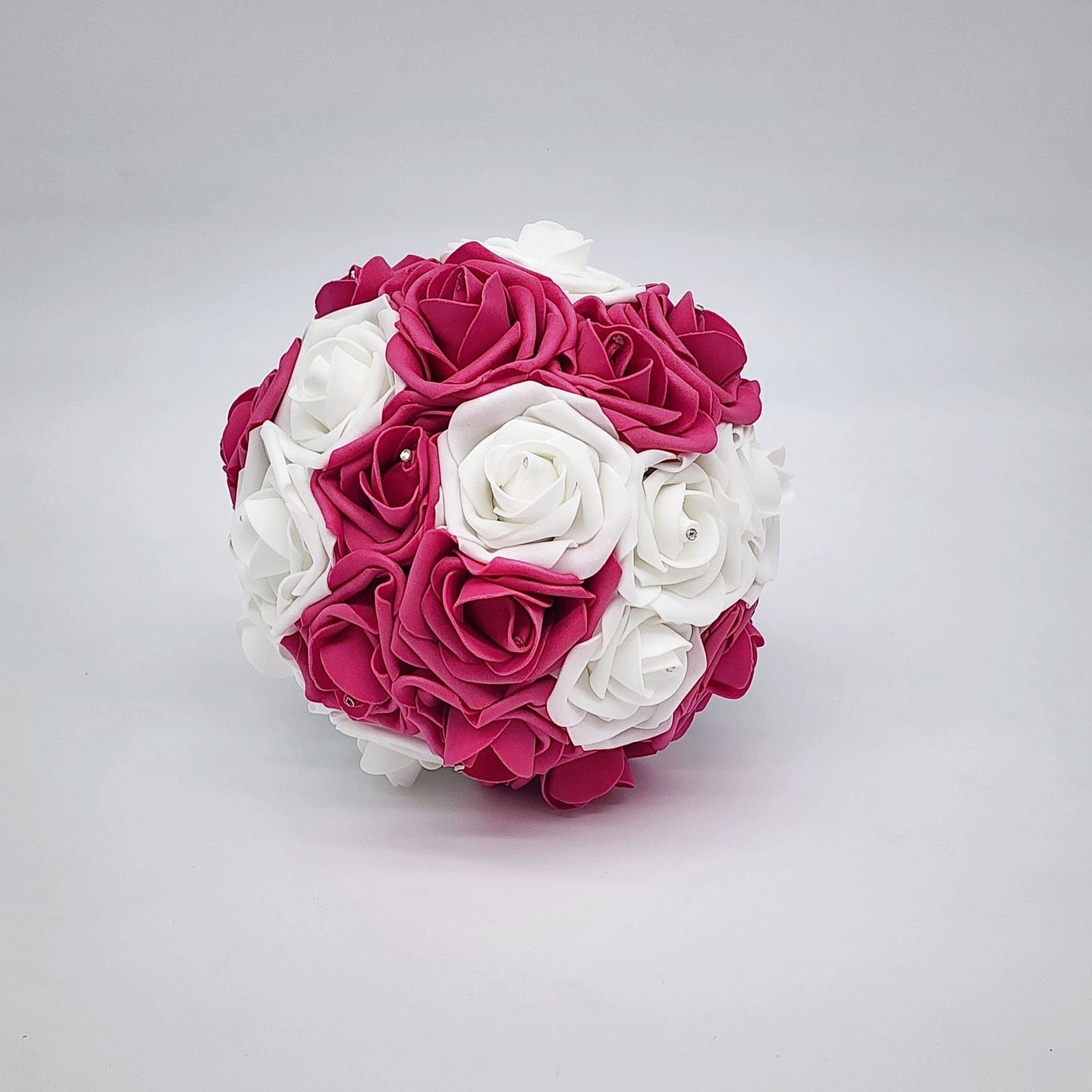 Hot Pink and White Wedding Bouquet Made With Real Touch Roses, Bridal Bouquet, Bridesmaid Bouquet and Matching Boutonnieres and Corsages