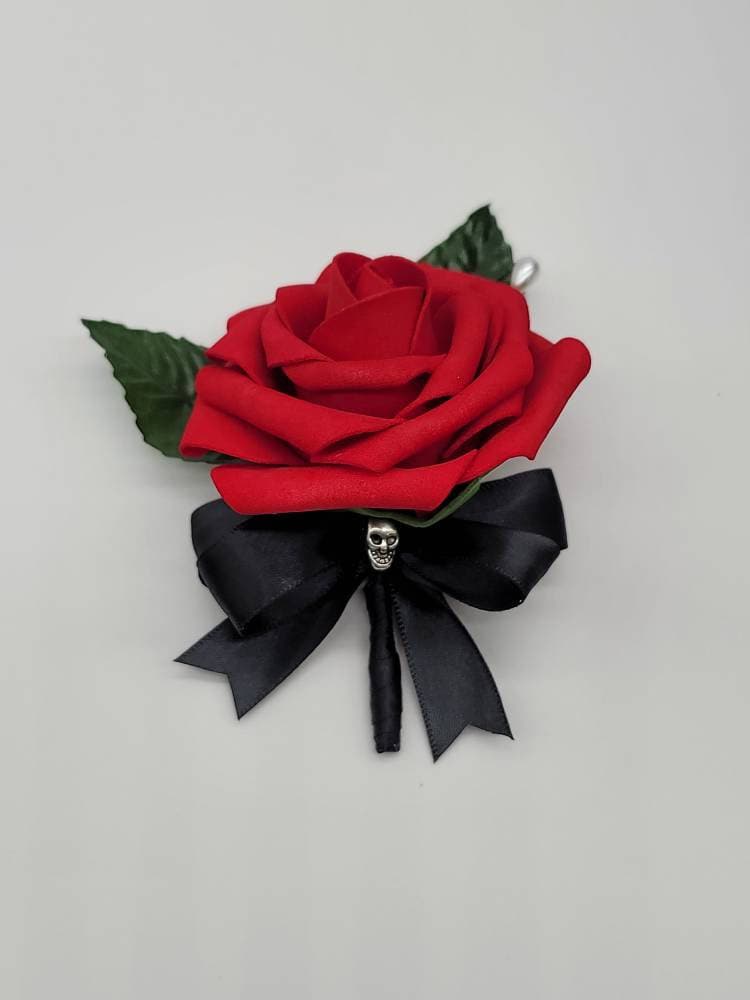 Gothic Skull Red And Black Boutonnieres and Corsages, Corsages available in pin on and wrist, Matching Bouquets Available