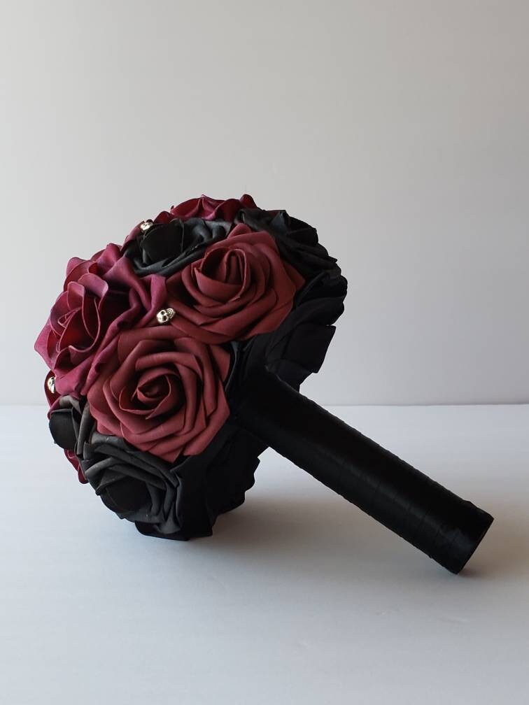 Gothic Skull Black And Burgundy Wedding Bouquet, Bridal Bouquet, Bridesmaid Bouquet, Matching Boutonnieres and Corsages, Halloween Wedding