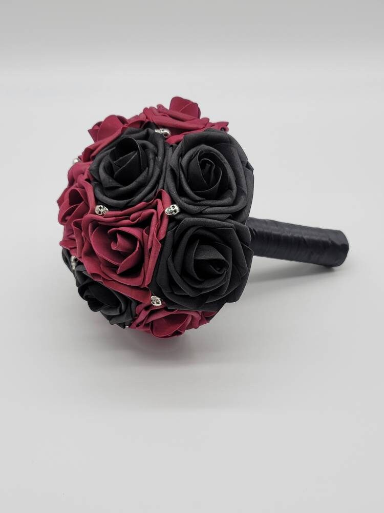 Gothic Skull Black And Burgundy Wedding Bouquet, Bridal Bouquet, Bridesmaid Bouquet, Matching Boutonnieres and Corsages, Halloween Wedding