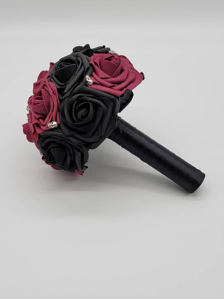 Gothic Skull Black And Burgundy Wedding Bouquet, Bridal Bouquet, Bridesmaid Bouquet, Matching Boutonnieres and Corsages, Halloween Wedding