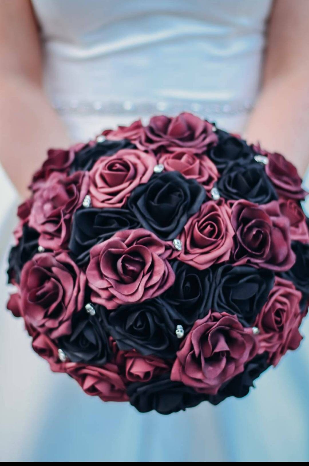 Gothic Skull Black And Burgundy Wedding Bouquet, Bridal Bouquet, Bridesmaid Bouquet, Matching Boutonnieres and Corsages, Halloween Wedding