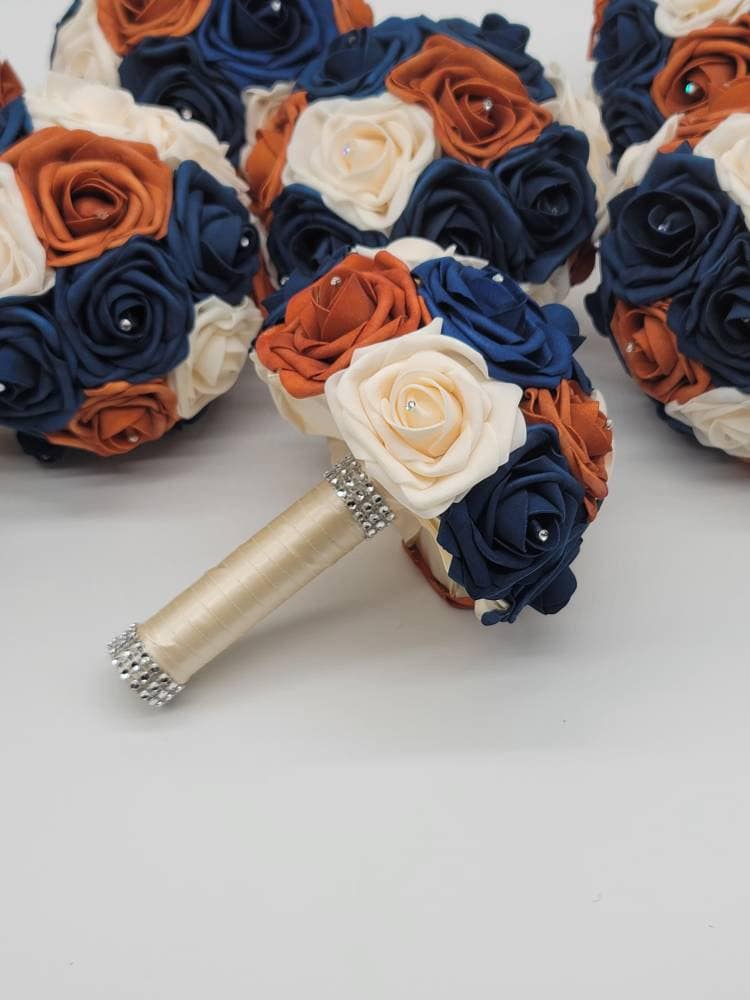 Burnt Orange, Navy, & Cream Wedding Bouquet Made w/ Real Touch Roses, Bridal Bouquet, Bridesmaid Bouquet/ Matching Boutonniere and Corsages