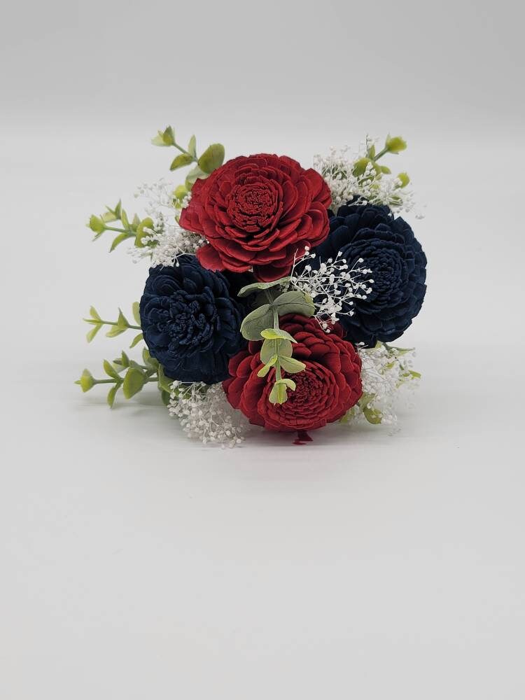 Burgundy & Navy Blue Sola Wood Flower Wedding Bouquet with Frosted Eucalyptus Greenery and Burlap Ribbon,Bridal Bouquet,Bridesmaid Bouquet.