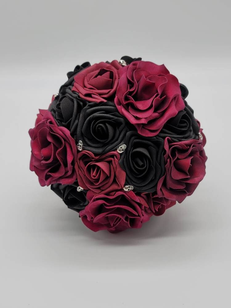 Gothic Skull Black And Burgundy Wedding Bouquet, Bridal Bouquet, Bridesmaid Bouquet, Matching Boutonnieres and Corsages, Halloween Wedding