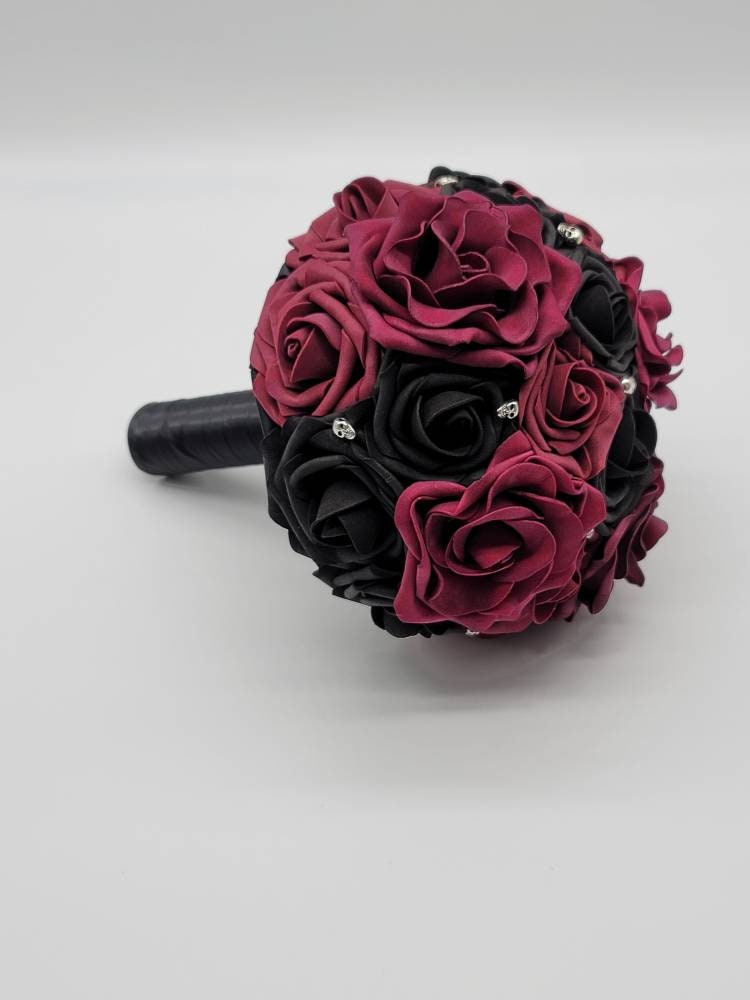 Gothic Skull Black And Burgundy Wedding Bouquet, Bridal Bouquet, Bridesmaid Bouquet, Matching Boutonnieres and Corsages, Halloween Wedding