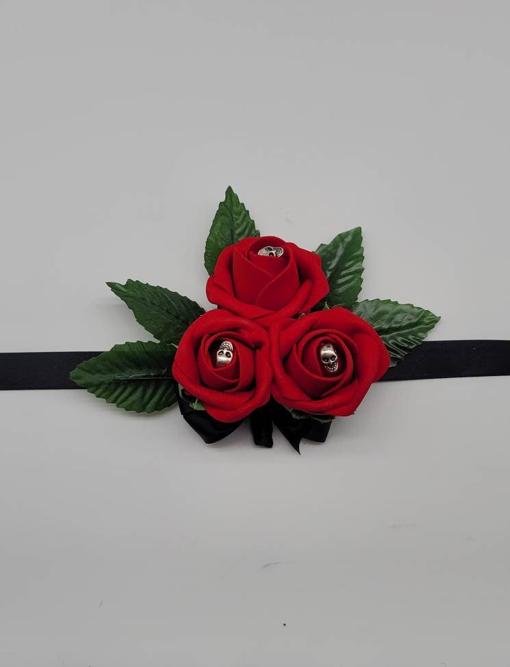 Gothic Skull Red And Black Boutonnieres and Corsages, Corsages available in pin on and wrist, Matching Bouquets Available