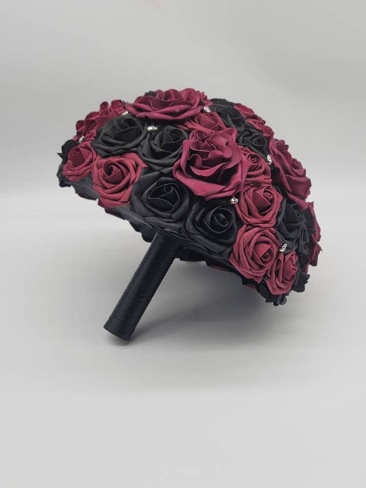 Gothic Skull Black And Burgundy Wedding Bouquet, Bridal Bouquet, Bridesmaid Bouquet, Matching Boutonnieres and Corsages, Halloween Wedding