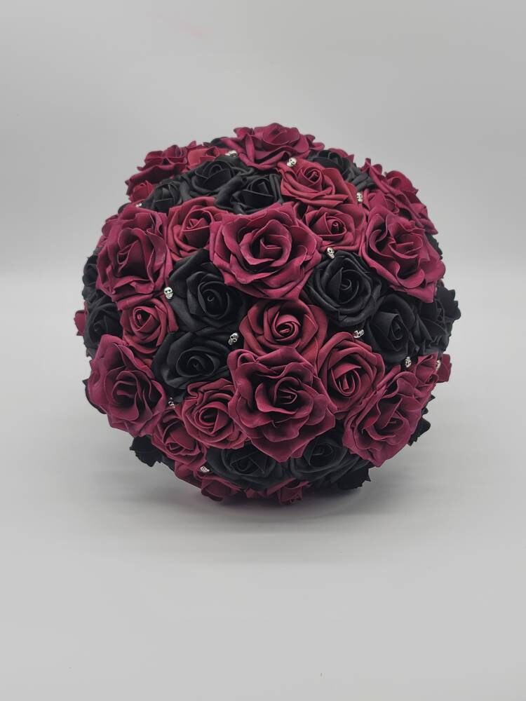 Gothic Skull Black And Burgundy Wedding Bouquet, Bridal Bouquet, Bridesmaid Bouquet, Matching Boutonnieres and Corsages, Halloween Wedding