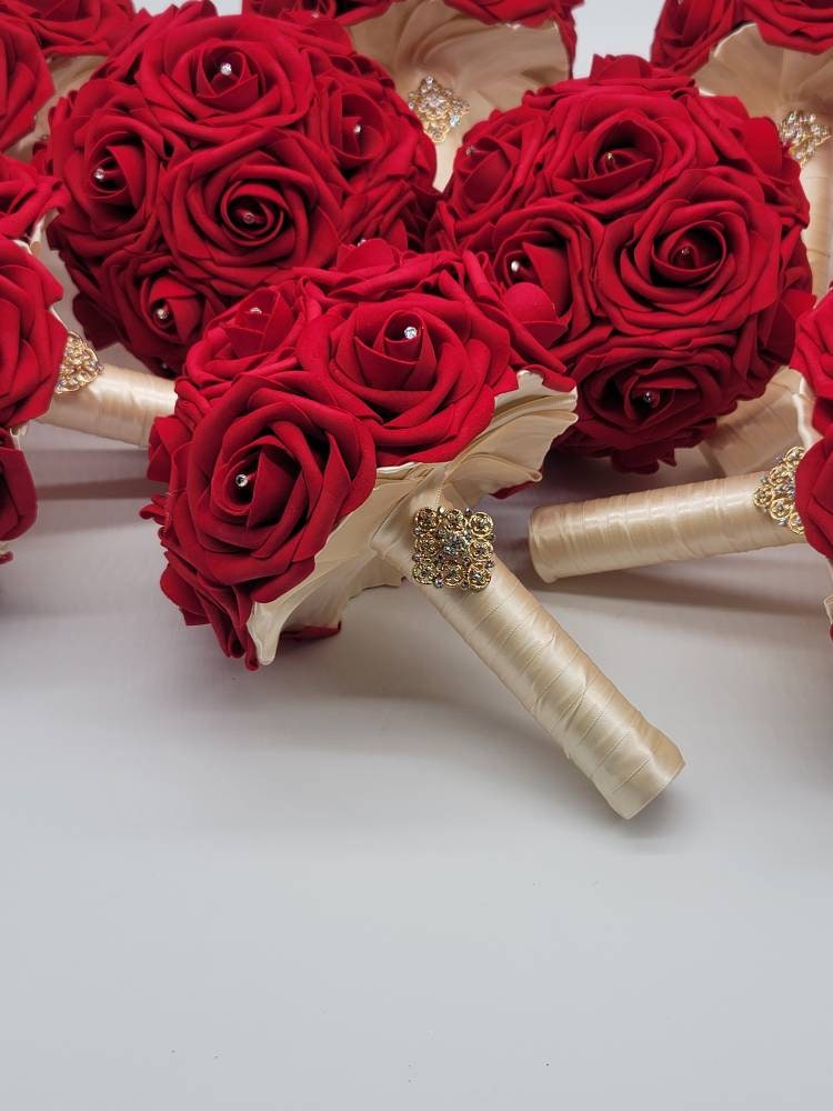 Red Bridal Bouquet, Red And Ivory Bouquet, Bridesmaids Bouquet,Toss Bouquet,Matching Boutonnieres & Corsages, Available In 27 Colors