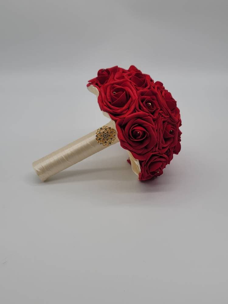 Red Bridal Bouquet, Red And Ivory Bouquet, Bridesmaids Bouquet,Toss Bouquet,Matching Boutonnieres & Corsages, Available In 27 Colors