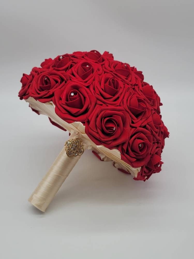 Red Bridal Bouquet, Red And Ivory Bouquet, Bridesmaids Bouquet,Toss Bouquet,Matching Boutonnieres & Corsages, Available In 27 Colors