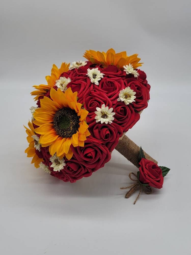 Sunflower Bridal Bouquet,red bouquet,rustic,burlap Bridesmaids Bouquet,Toss Bouquet,Matching Boutonnieres & Corsages, Available In 27 Colors