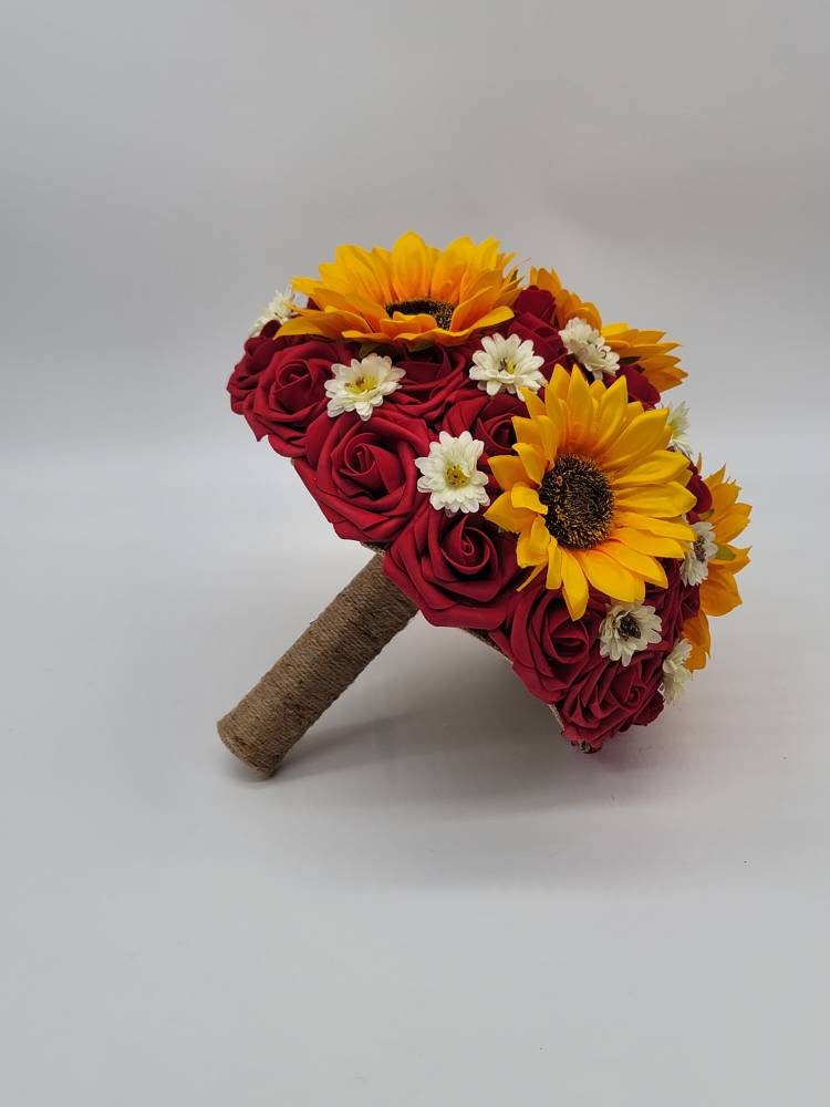 Sunflower Bridal Bouquet,red bouquet,rustic,burlap Bridesmaids Bouquet,Toss Bouquet,Matching Boutonnieres & Corsages, Available In 27 Colors