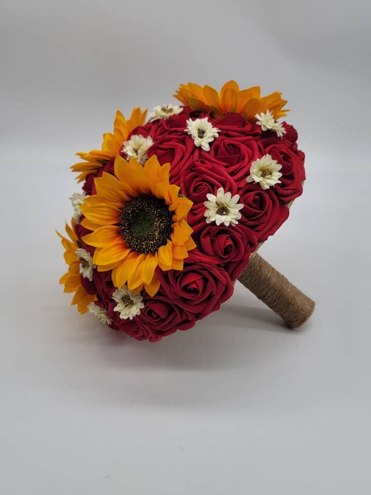 Sunflower Bridal Bouquet,red bouquet,rustic,burlap Bridesmaids Bouquet,Toss Bouquet,Matching Boutonnieres & Corsages, Available In 27 Colors