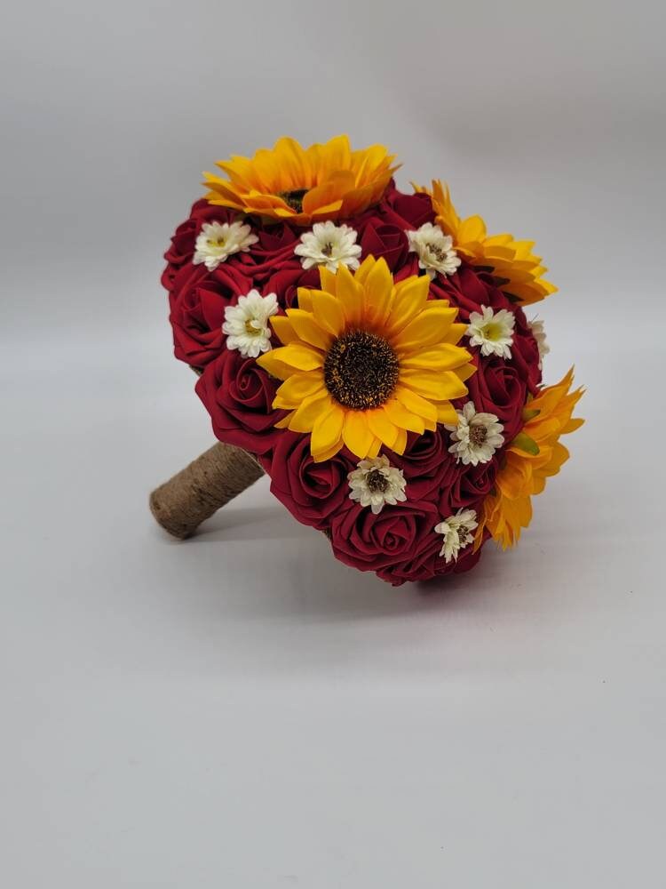 Sunflower Bridal Bouquet,red bouquet,rustic,burlap Bridesmaids Bouquet,Toss Bouquet,Matching Boutonnieres & Corsages, Available In 27 Colors