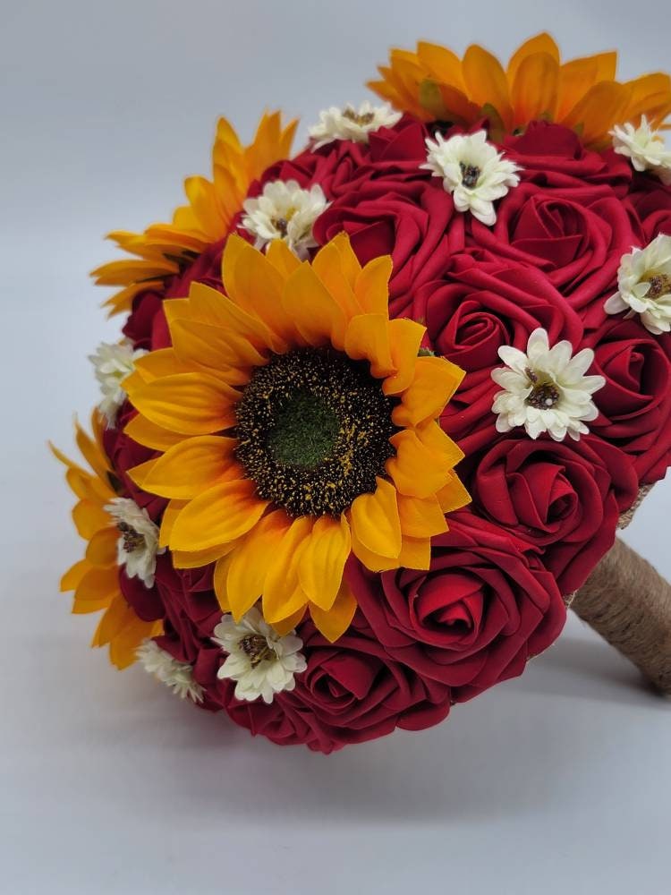 Sunflower Bridal Bouquet,red bouquet,rustic,burlap Bridesmaids Bouquet,Toss Bouquet,Matching Boutonnieres & Corsages, Available In 27 Colors