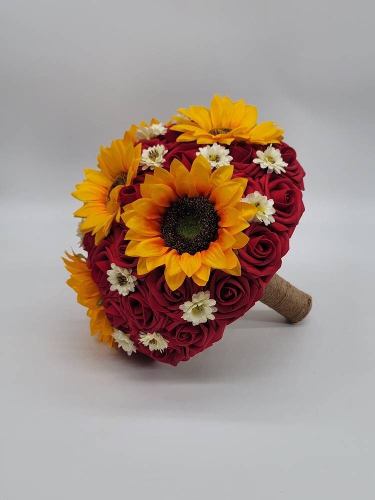 Sunflower Bridal Bouquet,red bouquet,rustic,burlap Bridesmaids Bouquet,Toss Bouquet,Matching Boutonnieres & Corsages, Available In 27 Colors
