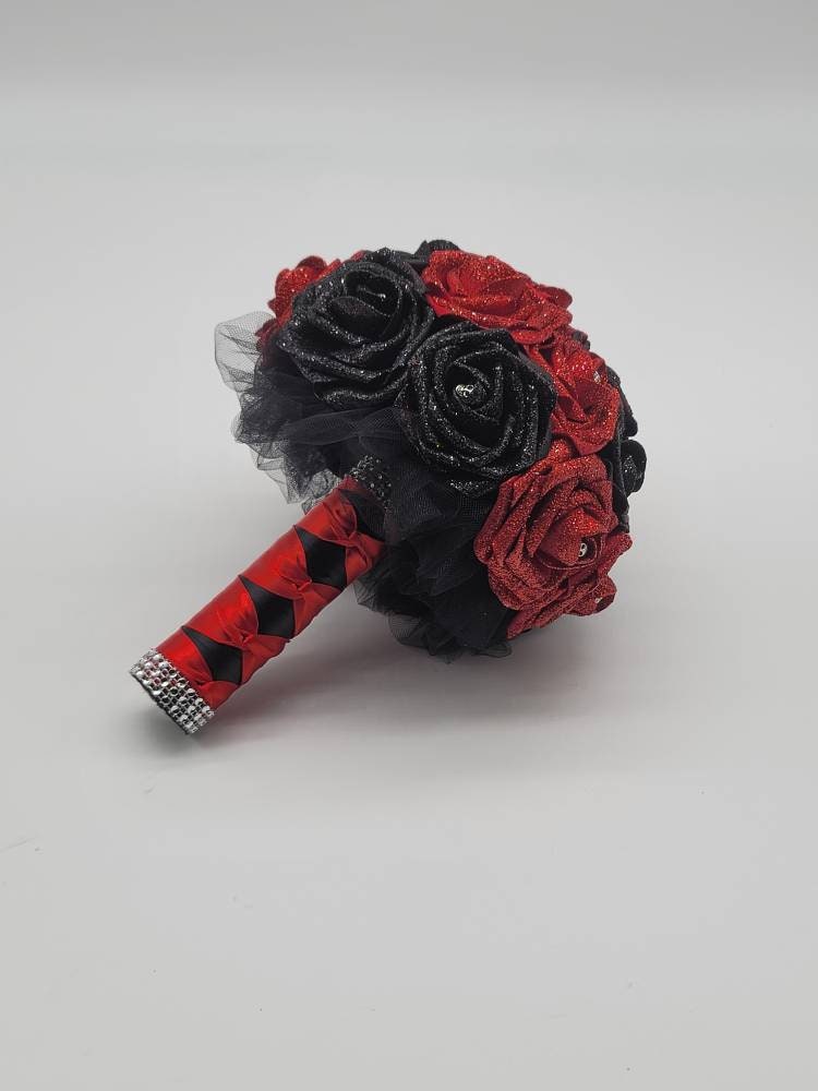 Glitter Red And Black Gothic Skull Bouquet, Bridal Bouquet, Bridesmaid Bouquet, Matching Corsages and Boutonnieres, Halloween Wedding