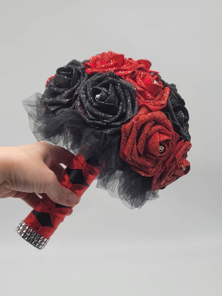 Glitter Red And Black Gothic Skull Bouquet, Bridal Bouquet, Bridesmaid Bouquet, Matching Corsages and Boutonnieres, Halloween Wedding