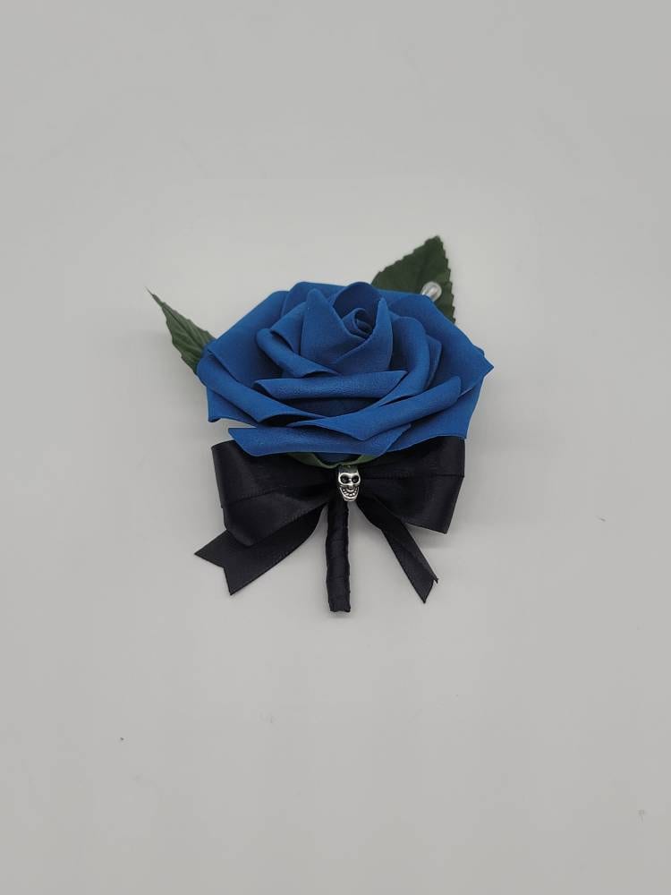 Royal Blue And Black Skull Boutonniere and Corsages, Corsages available in pin on and wrist, Halloween Wedding