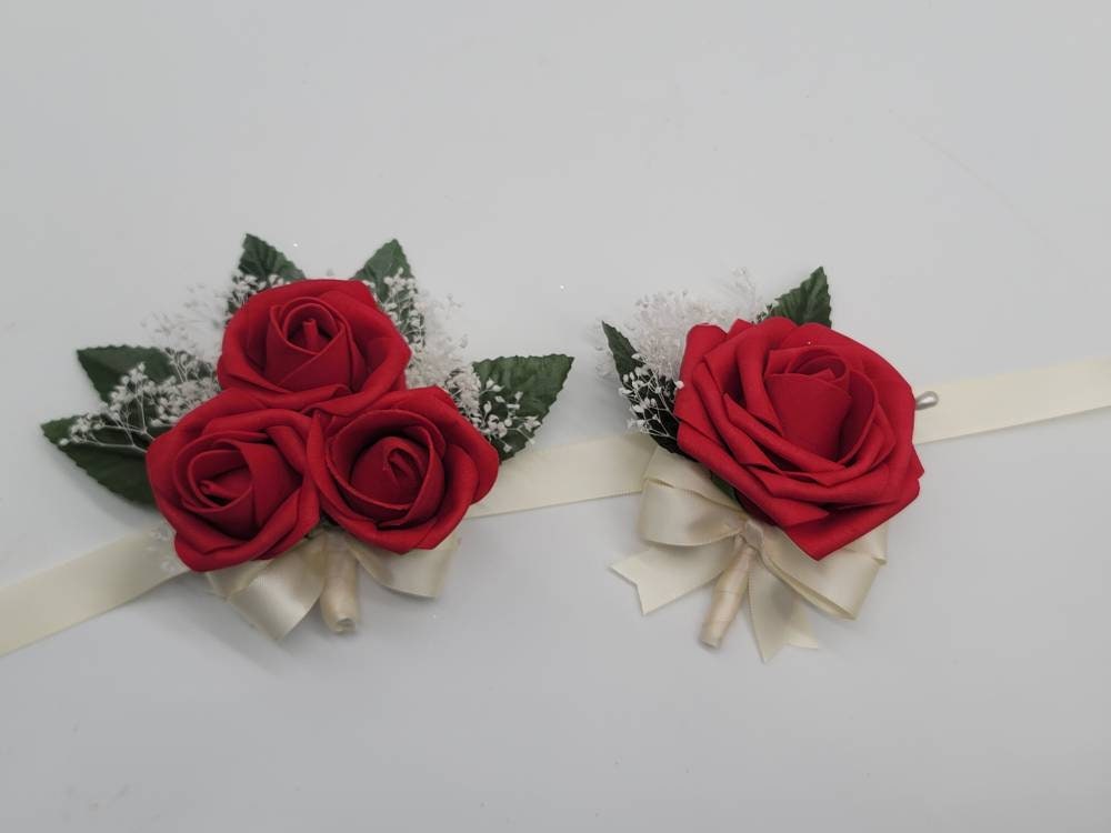 Red Bridal Bouquet, Red And Ivory Bouquet, Bridesmaids Bouquet,Toss Bouquet,Matching Boutonnieres & Corsages, Available In 27 Colors
