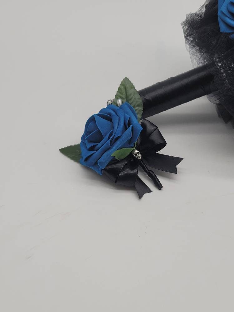 Royal Blue And Black Skull Boutonniere and Corsages, Corsages available in pin on and wrist, Halloween Wedding
