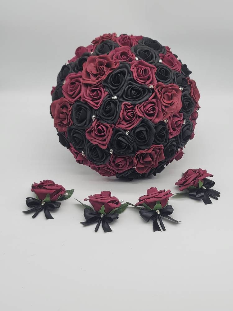 Gothic Skull Black And Burgundy Wedding Bouquet, Bridal Bouquet, Bridesmaid Bouquet, Matching Boutonnieres and Corsages, Halloween Wedding