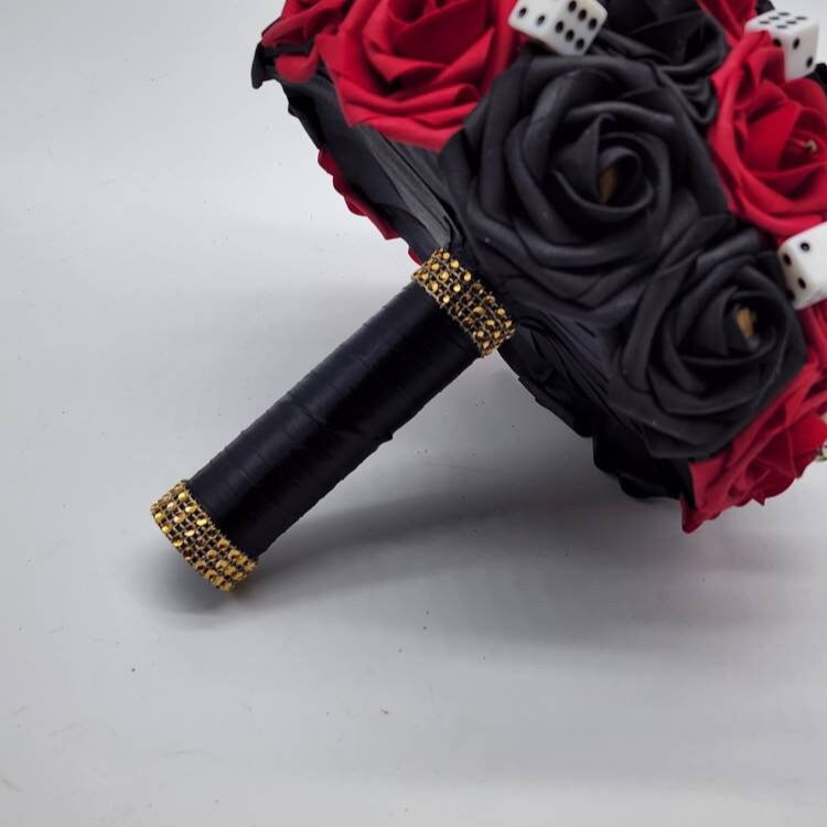 Las Vegas Themed Wedding Bouquet, Red And Black Bridal Bouquet, Bridesmaid Bouquet, Matching Boutonnieres and Corsages, Destination Wedding