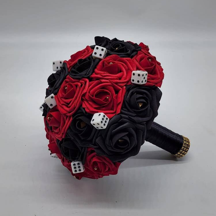 Las Vegas Themed Wedding Bouquet, Red And Black Bridal Bouquet, Bridesmaid Bouquet, Matching Boutonnieres and Corsages, Destination Wedding