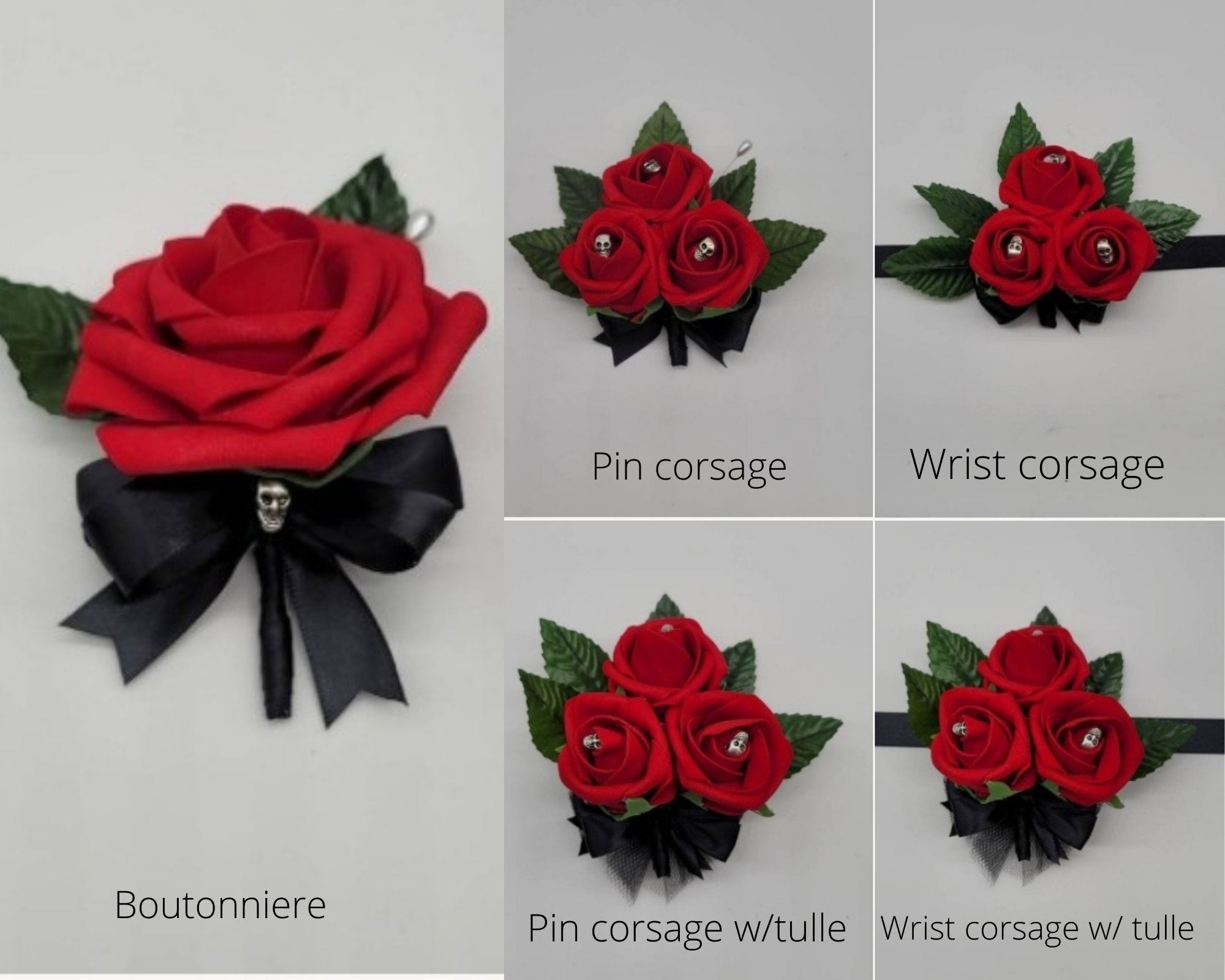 Royal Blue And Black Skull Boutonniere and Corsages, Corsages available in pin on and wrist, Halloween Wedding