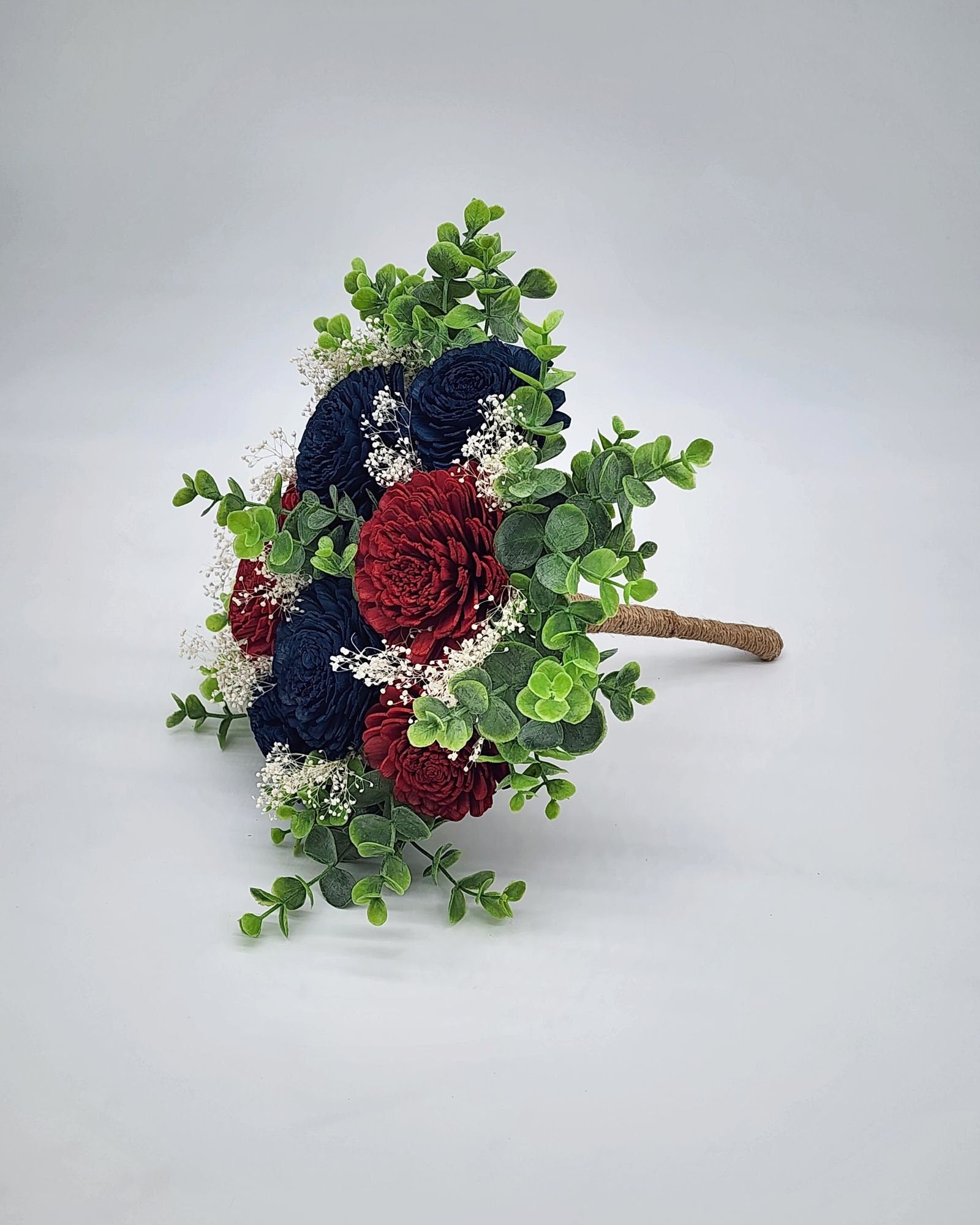 Burgundy & Navy Blue Sola Wood Flower Wedding Bouquet with Frosted Eucalyptus Greenery and Burlap Ribbon,Bridal Bouquet,Bridesmaid Bouquet.