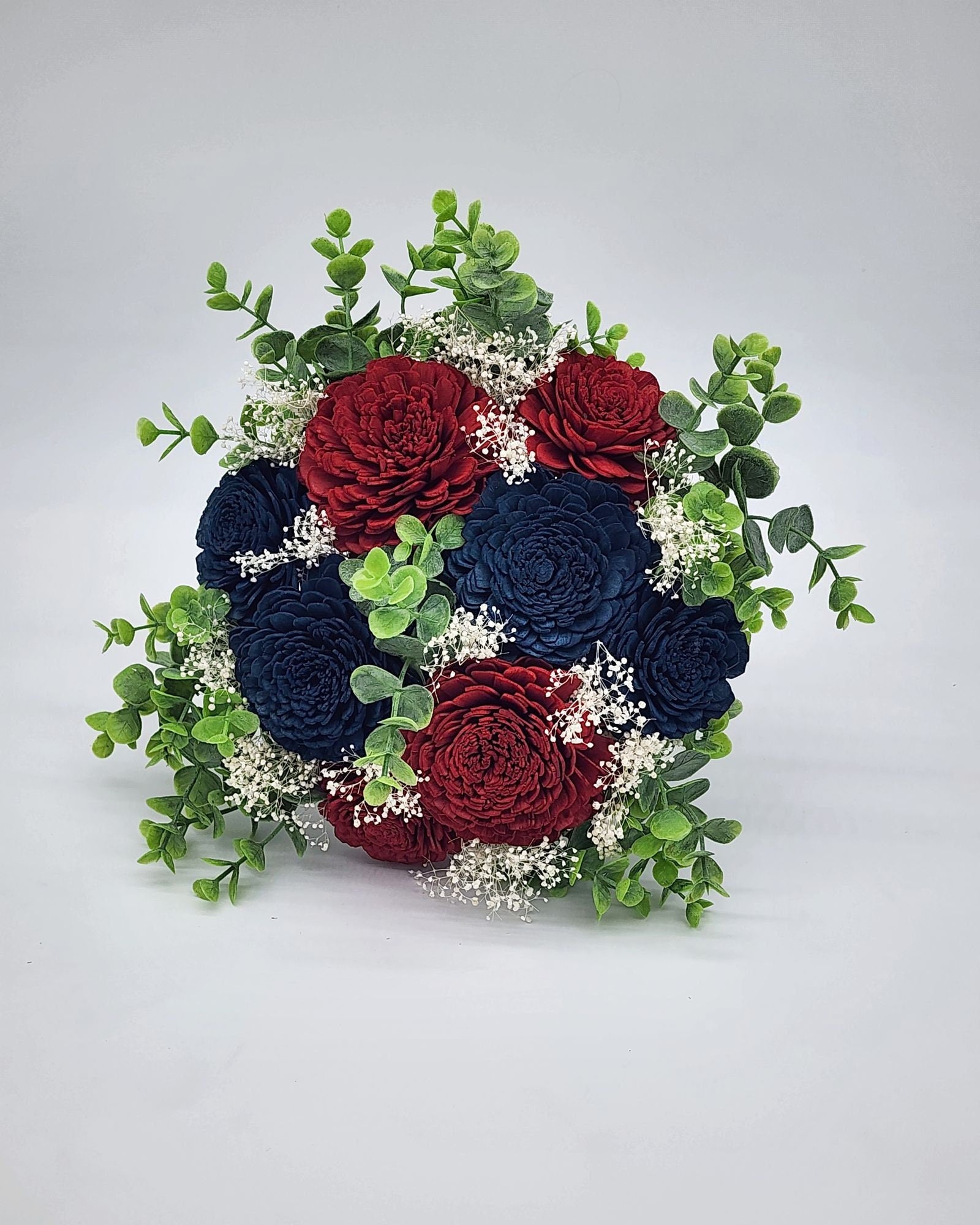 Burgundy & Navy Blue Sola Wood Flower Wedding Bouquet with Frosted Eucalyptus Greenery and Burlap Ribbon,Bridal Bouquet,Bridesmaid Bouquet.