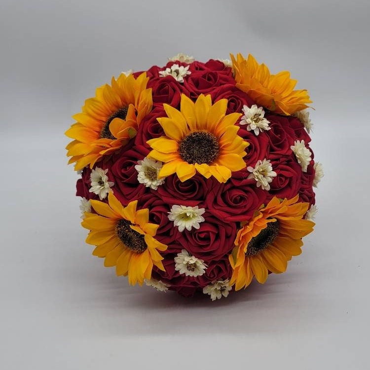 Sunflower Bridal Bouquet,red bouquet,rustic,burlap Bridesmaids Bouquet,Toss Bouquet,Matching Boutonnieres & Corsages, Available In 27 Colors