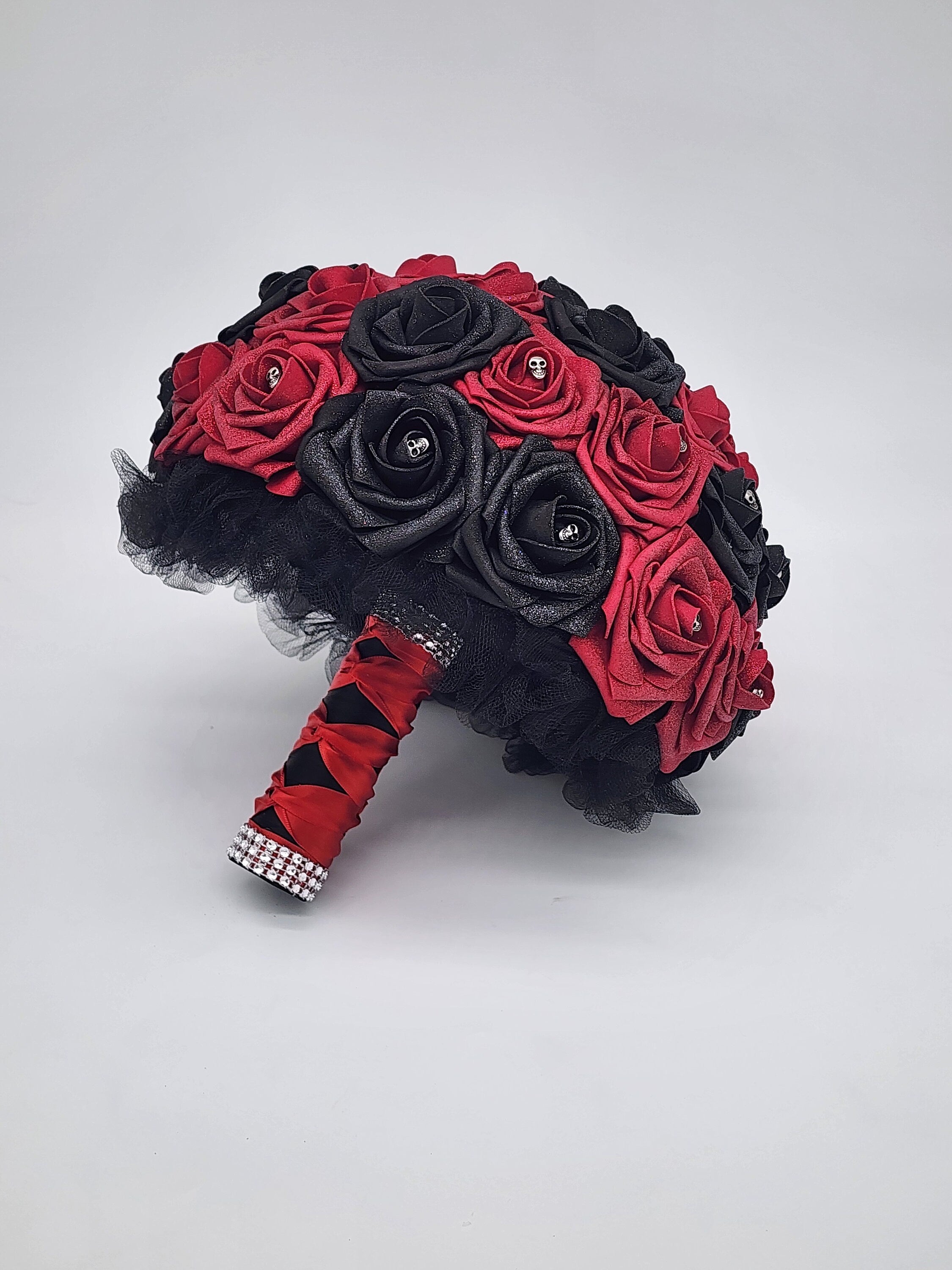 Glitter Red And Black Gothic Skull Bouquet, Bridal Bouquet, Bridesmaid Bouquet, Matching Corsages and Boutonnieres, Halloween Wedding
