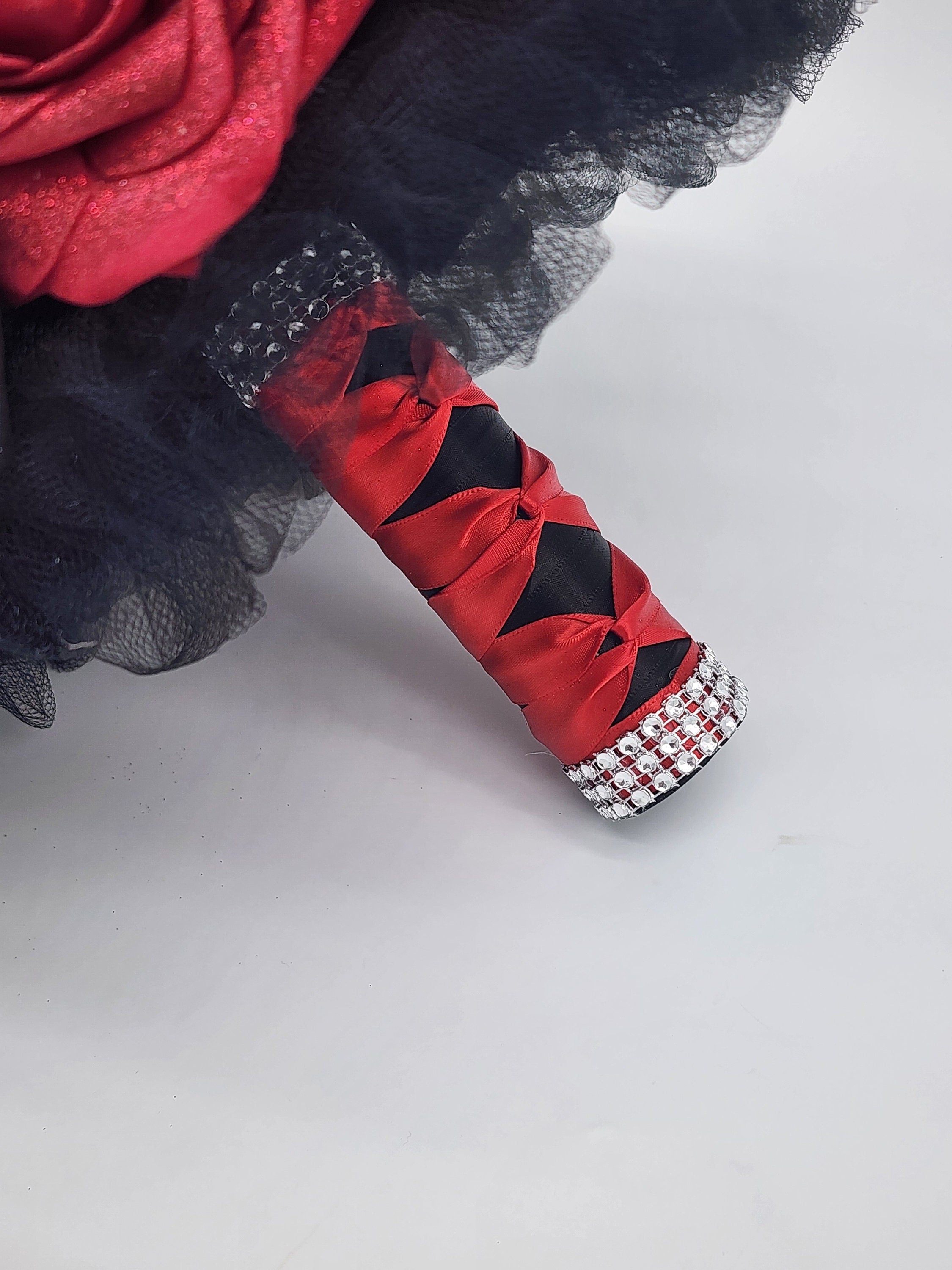 Glitter Red And Black Gothic Skull Bouquet, Bridal Bouquet, Bridesmaid Bouquet, Matching Corsages and Boutonnieres, Halloween Wedding