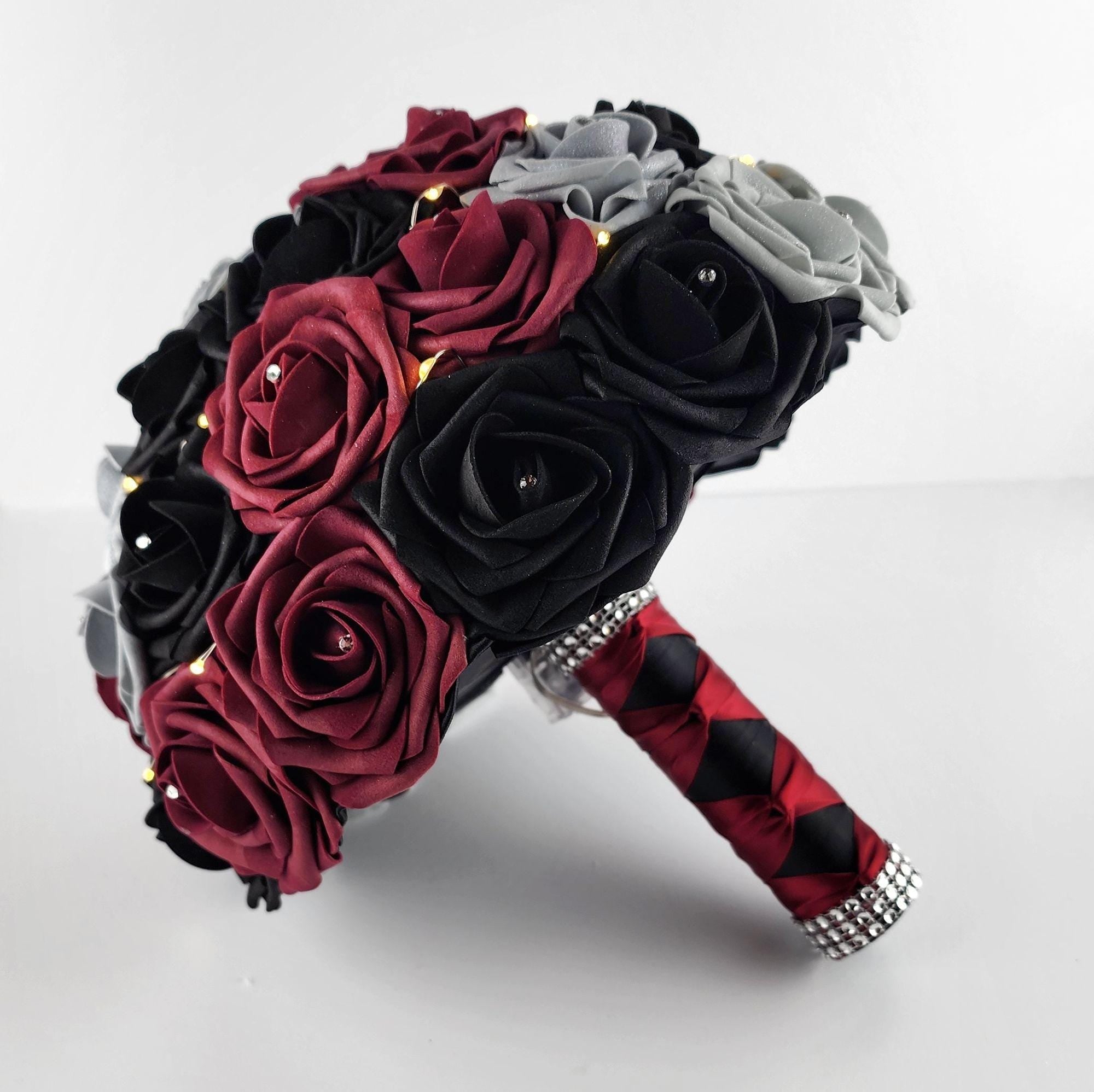 Fairy Lite Wedding Bouquet in Burgundy, Black, and Silver Real Touch Roses