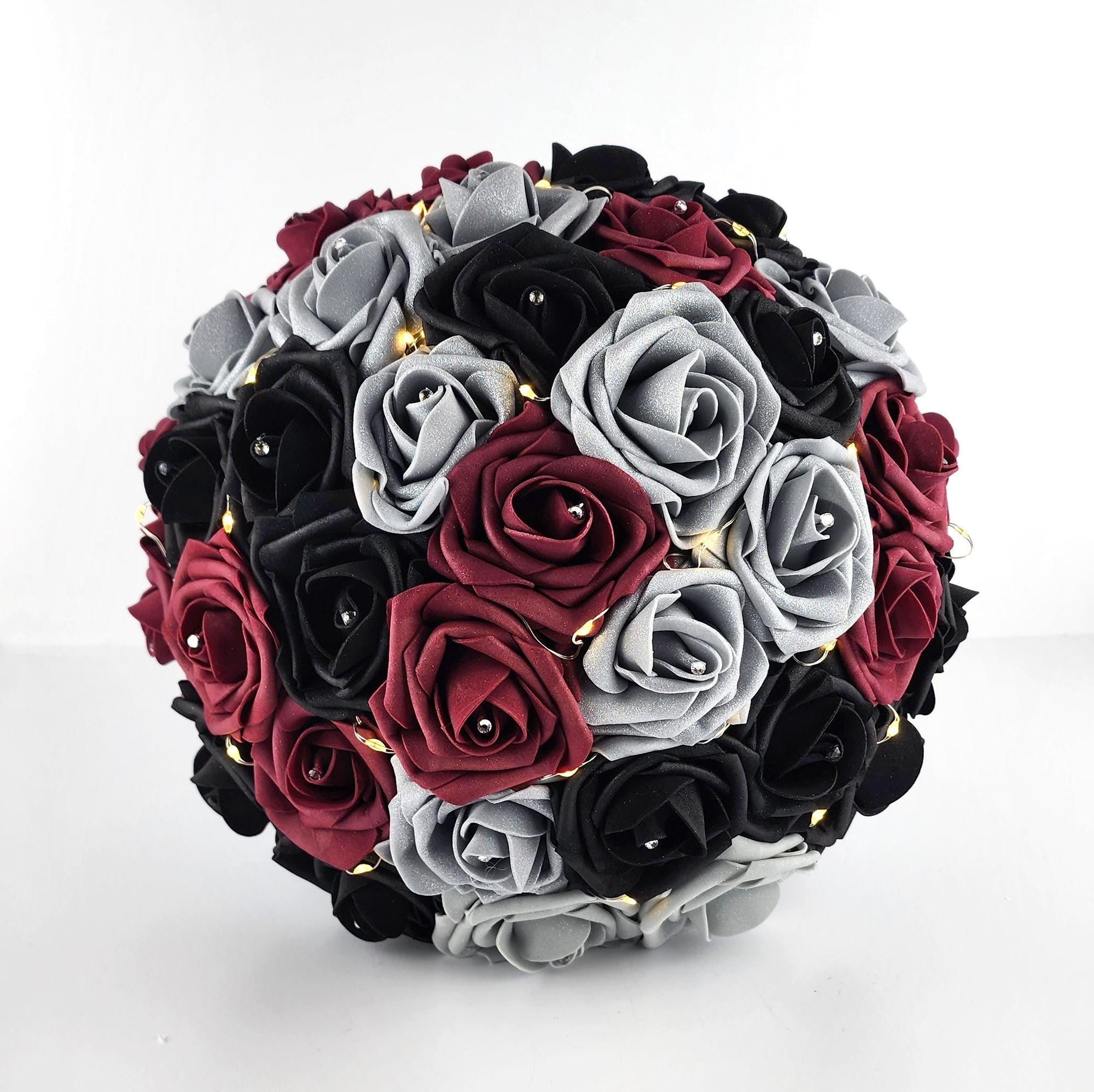 Fairy Lite Wedding Bouquet in Burgundy, Black, and Silver Real Touch Roses