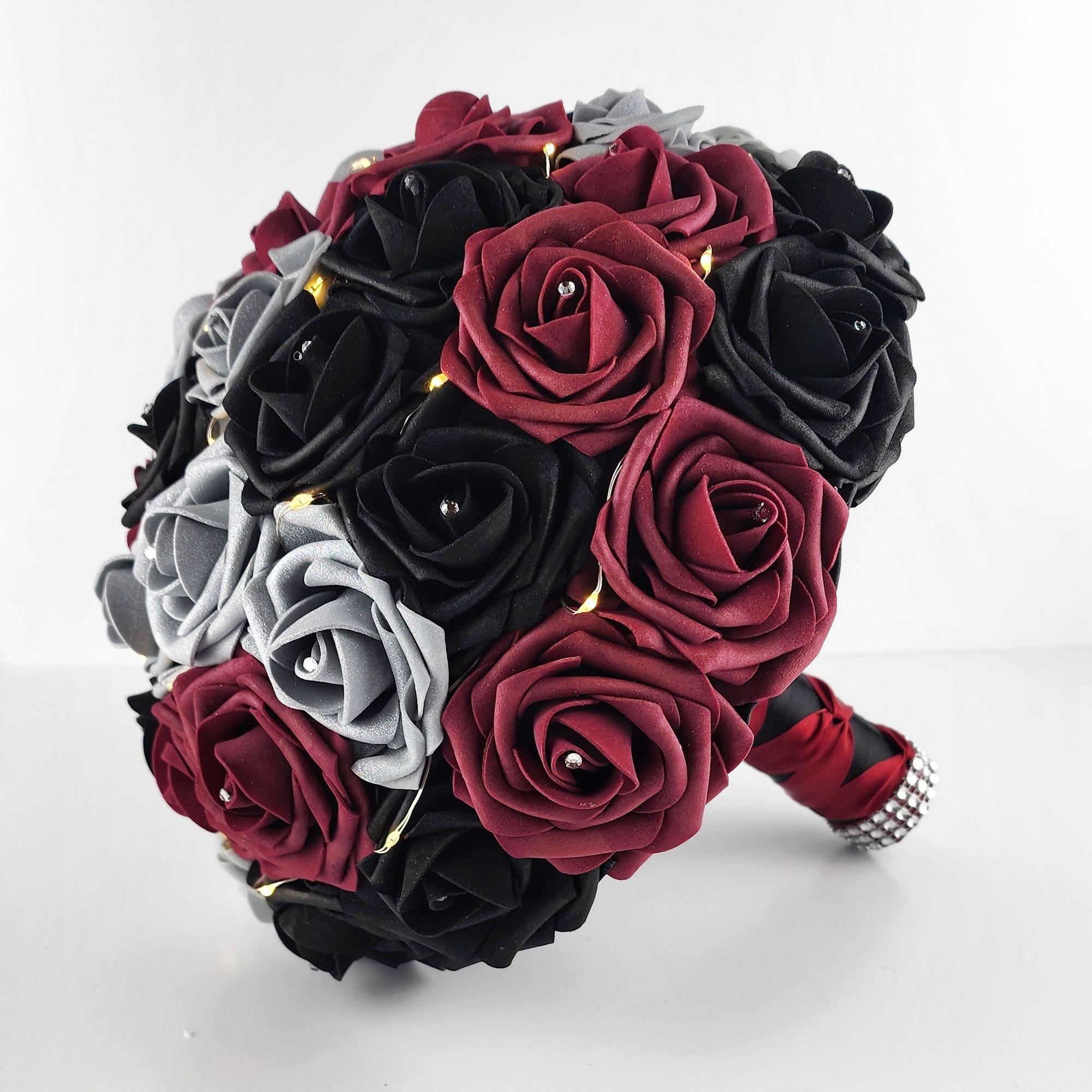 Fairy Lite Wedding Bouquet in Burgundy, Black, and Silver Real Touch Roses